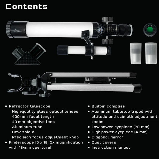 A list titled Contents sits next to a photo of The Thames & Kosmos Telescope by Thames & Kosmos, showing the telescope, finderscope, tripod, lenses, diagonal mirror, and compass with text highlighting beginner STEM astronomy features.