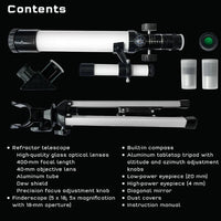 A list titled Contents sits next to a photo of The Thames & Kosmos Telescope by Thames & Kosmos, showing the telescope, finderscope, tripod, lenses, diagonal mirror, and compass with text highlighting beginner STEM astronomy features.