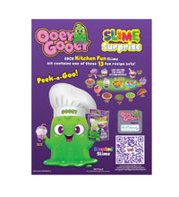 Vibrant ad for Art Creativity’s Ooey Gooey Slime Surprise kits, spotlighting a green slime character wearing a chef hat, creative kitchen-themed slime recipes, collectible mystery slime in playful containers, product photos, and a QR code—all set against a purple background.