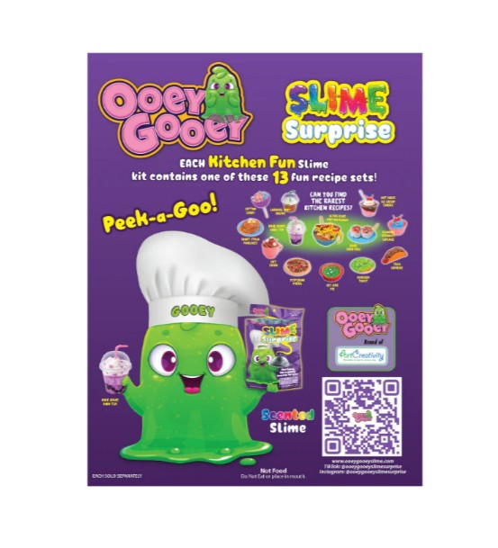 Vibrant ad for Art Creativity’s Ooey Gooey Slime Surprise kits, spotlighting a green slime character wearing a chef hat, creative kitchen-themed slime recipes, collectible mystery slime in playful containers, product photos, and a QR code—all set against a purple background.