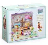 The DJECO Tinyly Bluchka & Indie House by DJECO comes in a box displaying a vibrant miniature house playset, complete with charming dolls, animal figures, and furniture. The packaging features playful pastel illustrations of the assembled set, along with a convenient small handle on top for easy carrying.