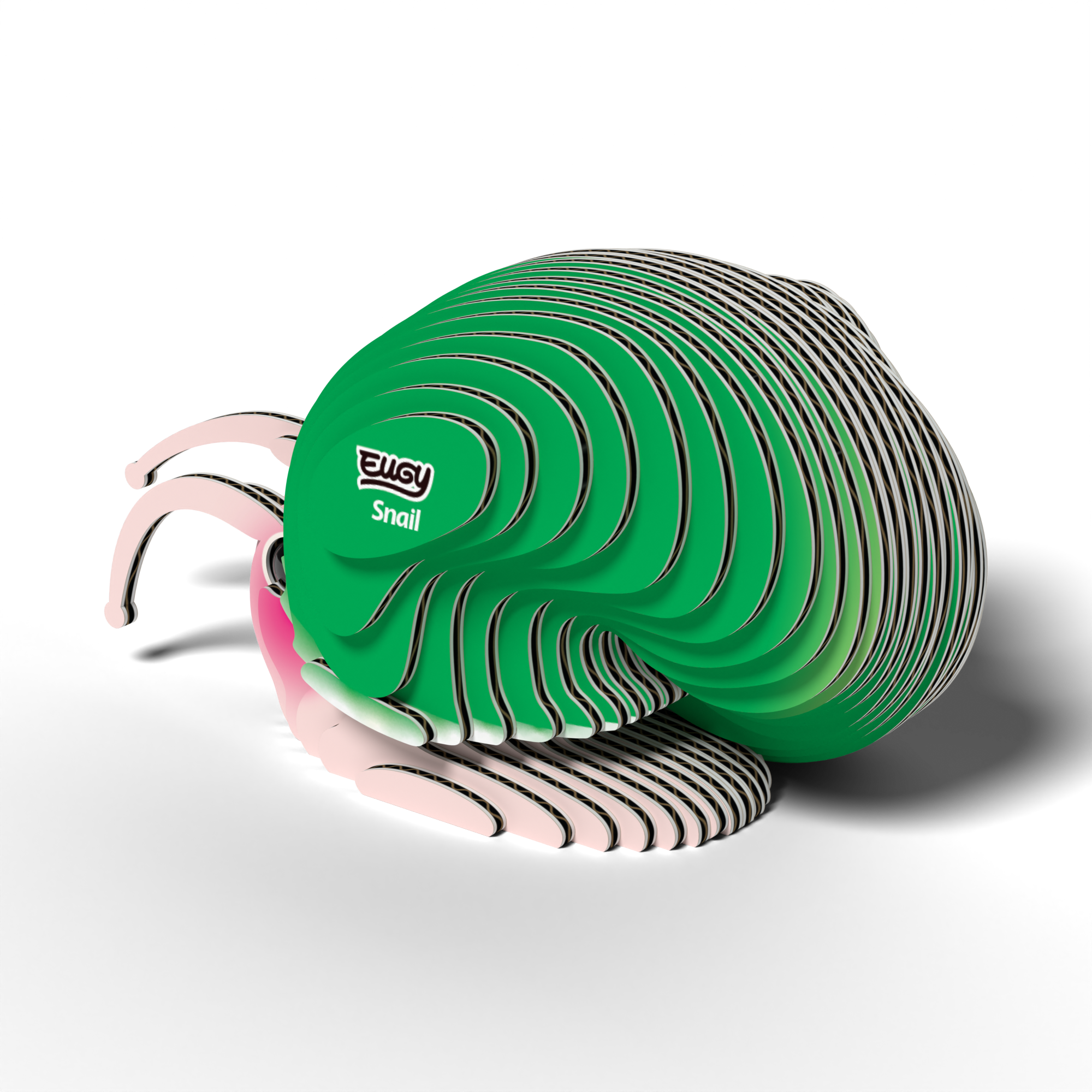 The Eugy EUGY Snail 3D Puzzle by Eugy features stacked, curved pieces with pink and white accents, creating a stylized snail on a white background. "Snail" and the logo are printed on its eco-friendly shell.