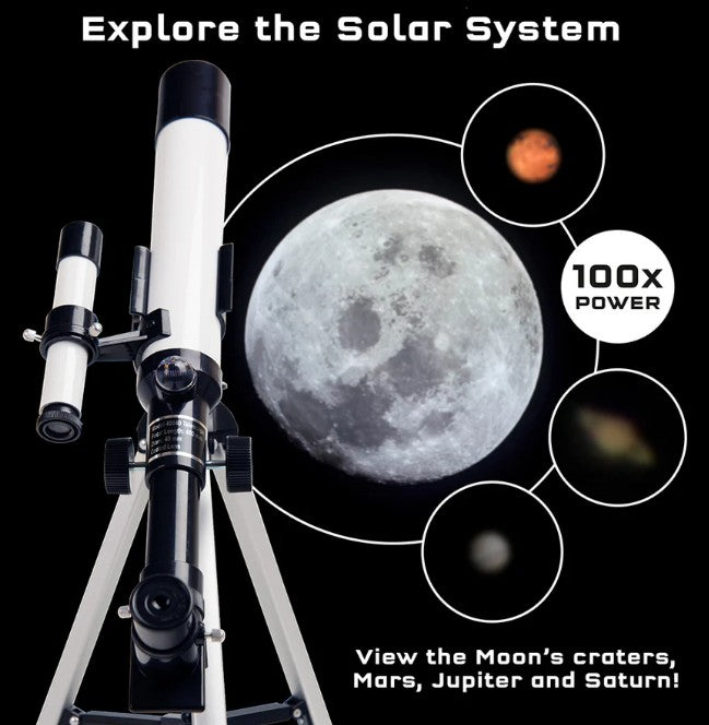The Thames & Kosmos Telescope by Thames & Kosmos stands by images of the Moon, Mars, Jupiter, and Saturn with text “Explore the Solar System” and “100x Power.” Perfect for STEM—observe lunar craters plus Mars, Jupiter, and Saturn!.