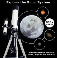 The Thames & Kosmos Telescope by Thames & Kosmos stands by images of the Moon, Mars, Jupiter, and Saturn with text “Explore the Solar System” and “100x Power.” Perfect for STEM—observe lunar craters plus Mars, Jupiter, and Saturn!.
