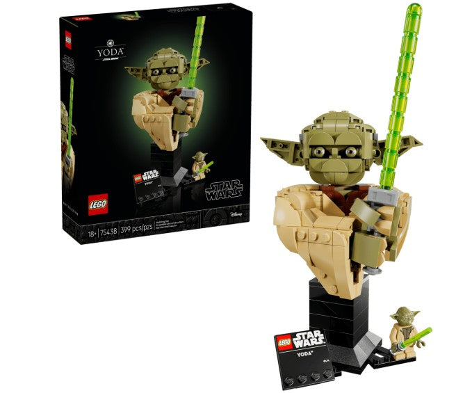 LEGO 75438 Yoda Bust by LEGO, featuring a buildable Yoda bust with his signature green lightsaber, an included Yoda minifigure, and a display plaque. This impressive Star Wars collectible comes packaged in a box displaying the figure’s image in the background—making it an ideal display piece for fans of all ages.
