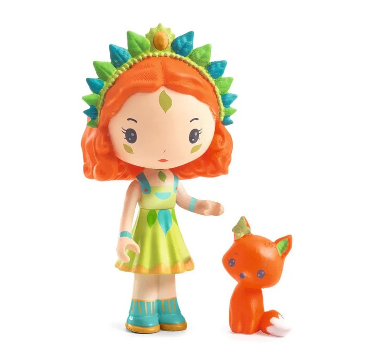 The DJECO Sylvia & Fox House features a charming doll with red hair, a green and blue crown, a green dress, and blue shoes standing beside a small orange fox figure with a white-tipped tail—perfect for imaginative play or for adding to any Tinyly house miniature playset.