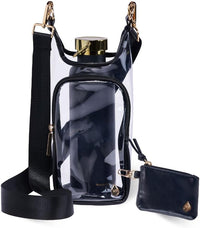 The Wander Full Brand Clear Stadium HydroBag Black features black trim, a black adjustable strap, and a gold zipper. Inside, a black water bottle with a gold lid fits securely in the built-in holder. A small black zippered pouch with a gold emblem is attached to this crossbody hydrobag.