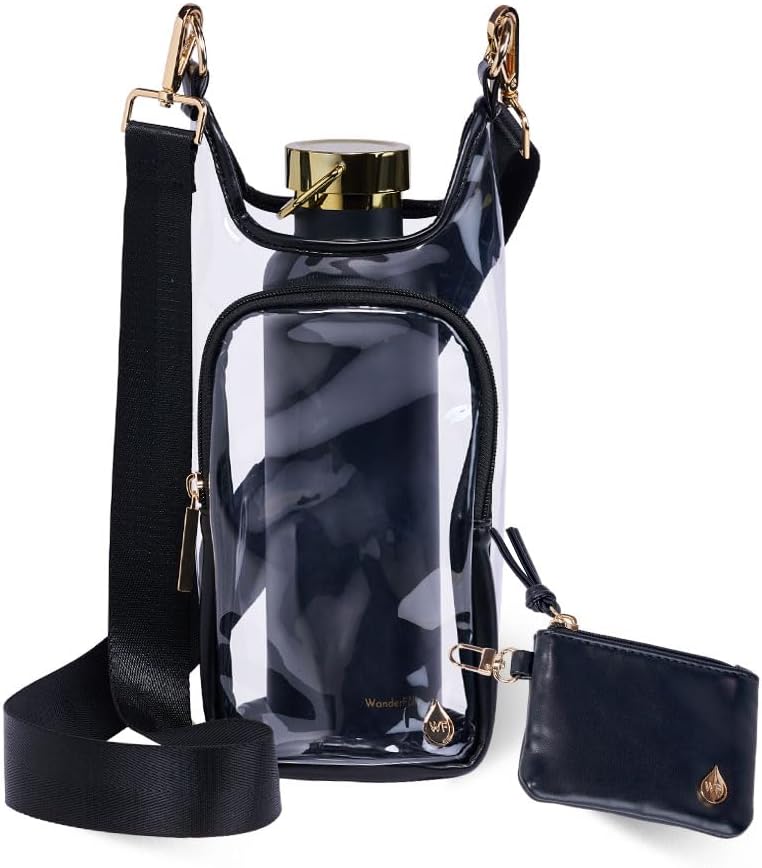 The Wander Full Brand Clear Stadium HydroBag Black features black trim, a black adjustable strap, and a gold zipper. Inside, a black water bottle with a gold lid fits securely in the built-in holder. A small black zippered pouch with a gold emblem is attached to this crossbody hydrobag.