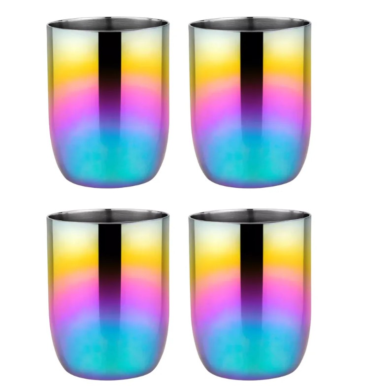 The ahimsa Rainbow Conscious Cups (8 oz) come in a pack of 4, featuring reusable stainless steel with a vibrant rainbow gradient—perfect colorful cups for any occasion.