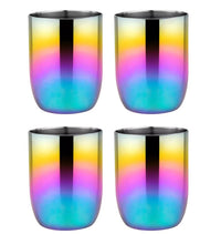 The ahimsa Rainbow Conscious Cups (8 oz) come in a pack of 4, featuring reusable stainless steel with a vibrant rainbow gradient—perfect colorful cups for any occasion.
