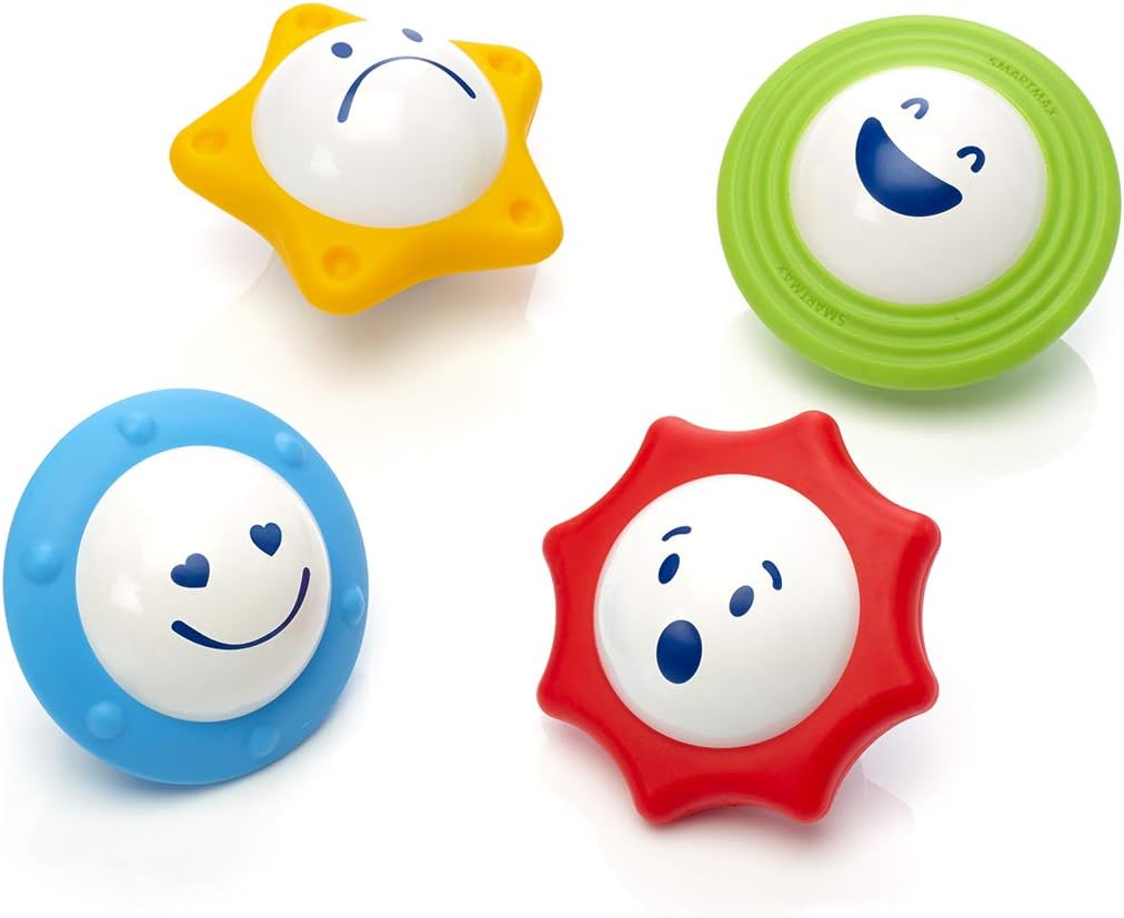 Smart Toys’ Smartmax My First Sounds & Senses includes four colorful toy balls—yellow star (sad face), green circle (happy face), blue circle (loving face), and red starburst (surprised face)—to inspire sensory exploration.