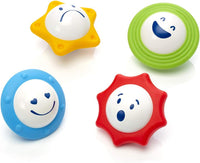 Smart Toys’ Smartmax My First Sounds & Senses includes four colorful toy balls—yellow star (sad face), green circle (happy face), blue circle (loving face), and red starburst (surprised face)—to inspire sensory exploration.