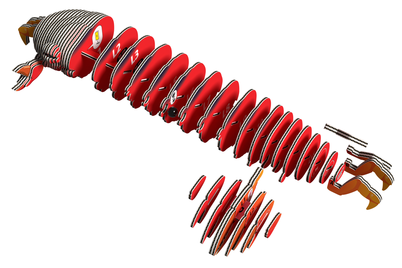 A 3D model of the EUGY Crab 3D Puzzle by Eugy, featuring a segmented red and brown crab-like creature with labeled body parts, some pieces separated and floating below it, all displayed on a white background.