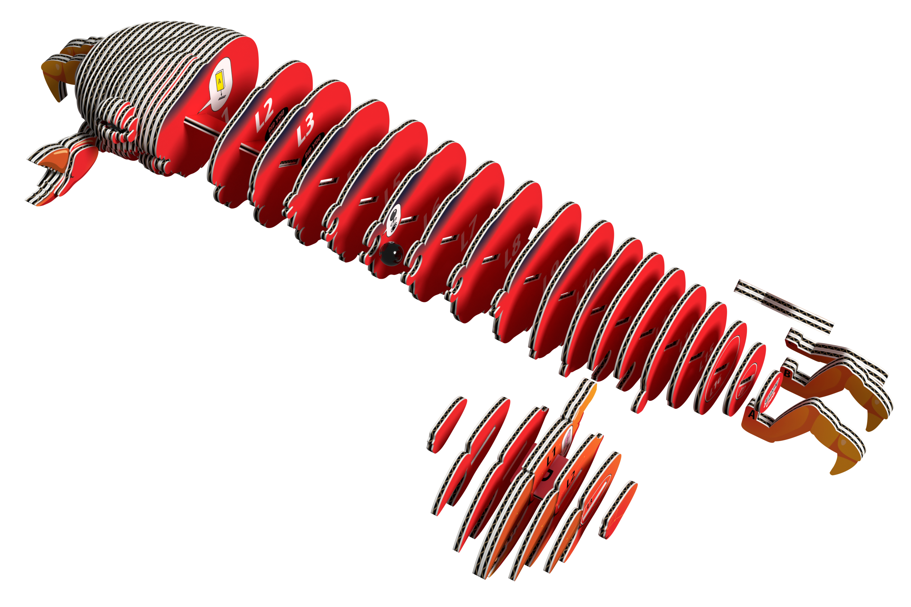 A 3D model of the EUGY Crab 3D Puzzle by Eugy, featuring a segmented red and brown crab-like creature with labeled body parts, some pieces separated and floating below it, all displayed on a white background.