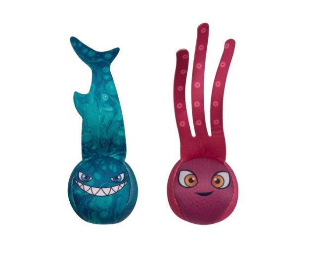Two Dive Tails - Pool Dive Characters by Waboba—a blue shark with a mischievous grin and a red octopus with wide orange eyes and four long tentacles, both sporting playful cartoon-style faces—make perfect companions for underwater play or imaginative adventures, shown here on a white background.