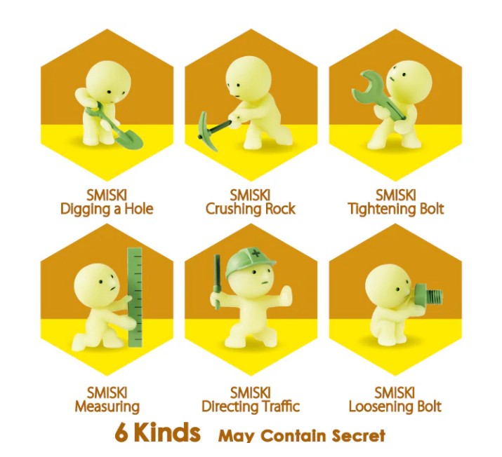 Six yellow Smiski Construction Series figurines from Dreams USA each tackle a different construction task: digging, crushing rock, tightening a bolt, measuring, directing traffic with a helmet, and loosening a bolt—each activity labeled with text. These glow-in-the-dark collectible blind-box figurines come in six types (plus the chance for a secret one), all displayed at the bottom.