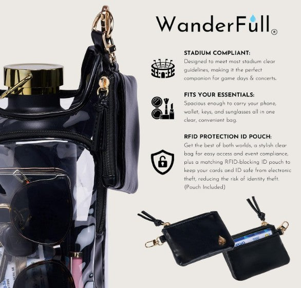 The Wander Full Brand Clear Stadium HydroBag Black features a clear design with black trim and functions as a stylish crossbody hydrobag. It conveniently holds a water bottle in its dedicated holder, along with sunglasses and keys. Shown separately is an RFID-blocking ID pouch for cards and cash. Text highlights the bag’s features alongside the brand name “Wander Full Brand.”.