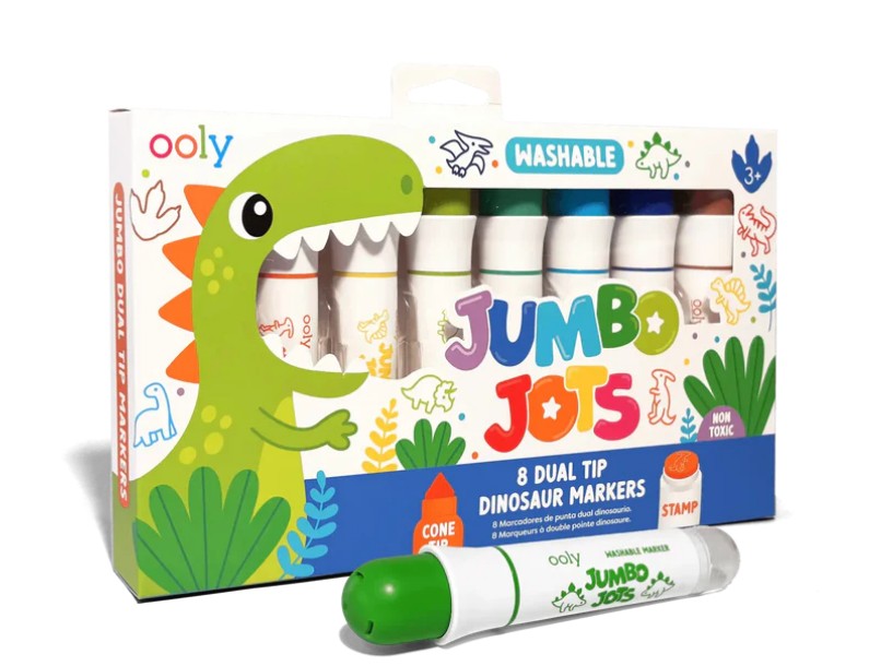 Box of Ooly Jumbo Jots: Dual Tip Cone & Stamp Markers – Dinosaur, featuring eight jumbo-sized, dual-tip markers with colorful caps, playful dinosaur illustrations, and packaging labeled “WASHABLE” and “NON TOXIC”—an ideal art set for any young artist.