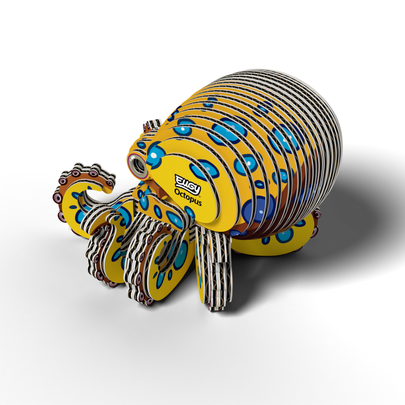 A cute, colorful 3D Crab puzzle model of a red crab with labeled Crab on its side, made from layered, interlocking pieces. This eco-friendly EUGY Crab 3D Puzzle by Eugy is perfect as a fun STEM toy for imaginative play and learning.