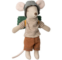 Maileg Hiker Mouse, Big Brother - Thin Stripes by Maileg is a camping-themed plush mouse with a plaid hat, striped shirt, brown pants, green backpack, big ears, and long tail—standing upright and ready for adventure.