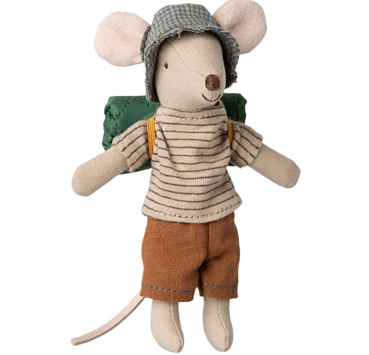 Maileg Hiker Mouse, Big Brother - Thin Stripes by Maileg is a camping-themed plush mouse with a plaid hat, striped shirt, brown pants, green backpack, big ears, and long tail—standing upright and ready for adventure.