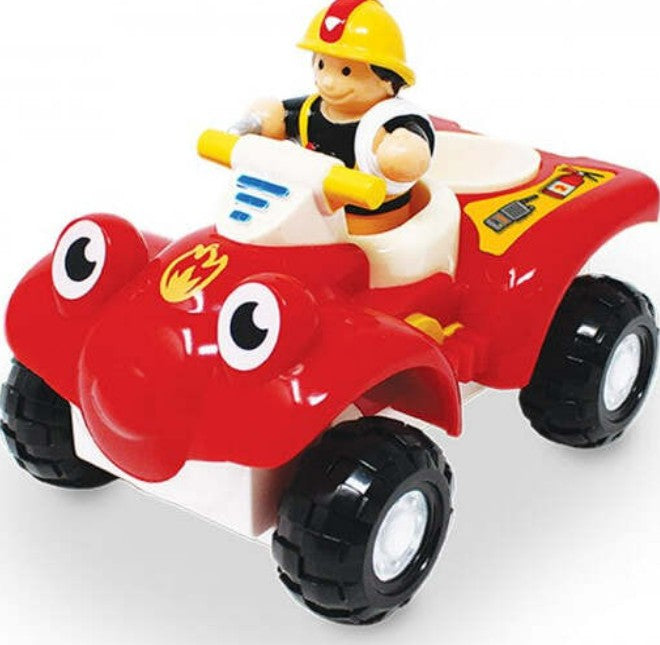 Fire Buggy Bertie by Smart Toys is a red quad bike with large eyes, thick black tires, and comes with a smiling firefighter in a yellow helmet—ideal for imaginative role-play and rescue adventures.