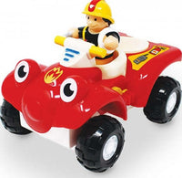 Fire Buggy Bertie by Smart Toys is a red quad bike with large eyes, thick black tires, and comes with a smiling firefighter in a yellow helmet—ideal for imaginative role-play and rescue adventures.
