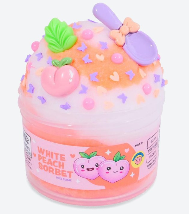 The Peachybbies Slime White Peach Sorbet Slime comes in a jar adorned with a cute peach illustration, while the lid features playful peach, purple, and pink decorations—complete with heart shapes and a spoon. This fruity slime provides delightful sensory relaxation thanks to its charming design and soothing texture.