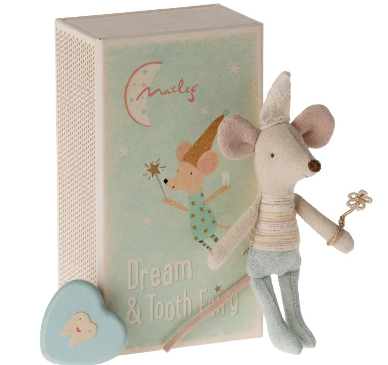 The Maileg Tooth Fairy Mouse, Little Brother In Matchbox by Maileg features a mouse in a wand and hat with a decorated "Dream & Tooth Fairy" box and a small blue heart-shaped tooth box, perfect for imaginative play and bedtime stories.