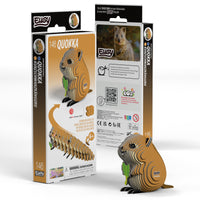 Eugy EUGY Quokka 3D Puzzle packaging showcases the assembled, eco-friendly 3D quokka puzzle on the front, with the box displaying product details, a quokka photo, and step-by-step assembly instructions.