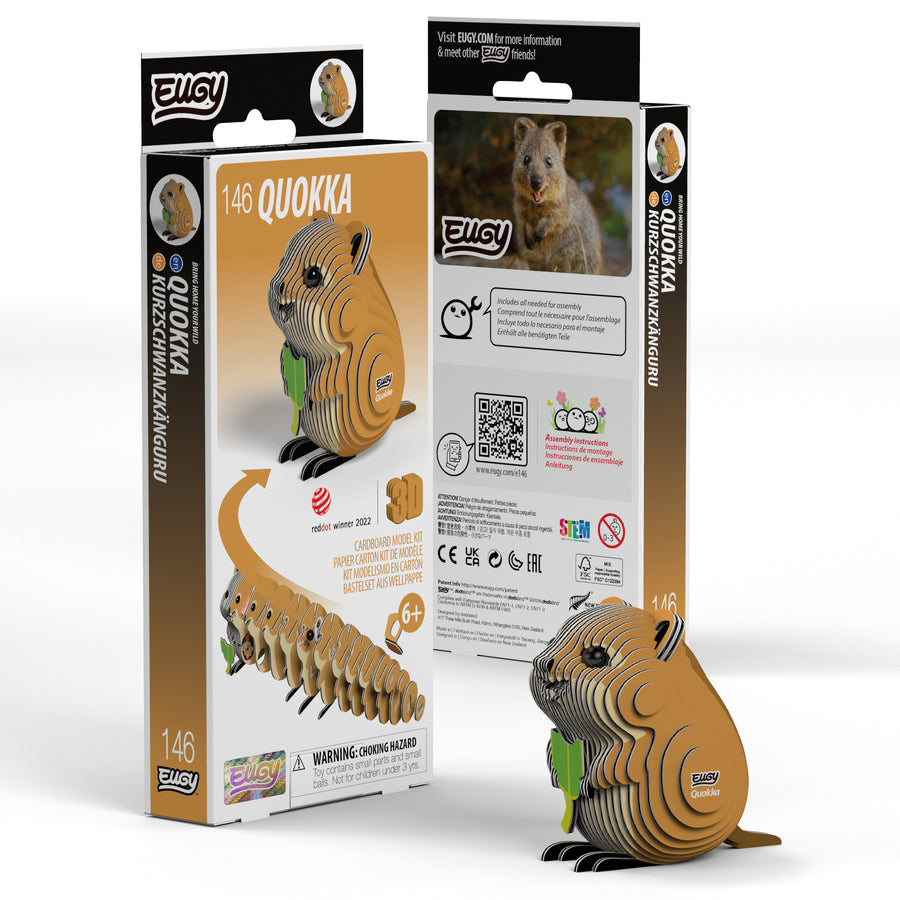 Eugy EUGY Quokka 3D Puzzle packaging showcases the assembled, eco-friendly 3D quokka puzzle on the front, with the box displaying product details, a quokka photo, and step-by-step assembly instructions.