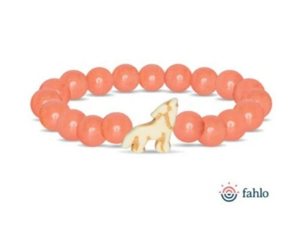 The fahlo Scout - Sunrise Glow Wolf bracelet features round coral-colored beads and a gold wolf charm. Support real-time wolf tracking with this stylish accessory, showing the fahlo logo in the bottom right corner.