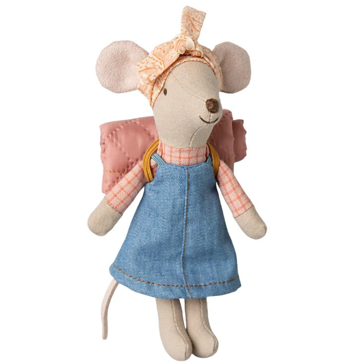 The Maileg Hiker Mouse, Big Sister wears a denim dress, pink checkered shirt, peach headscarf, and pink backpack. This plush Maileg toy stands upright—ideal for camping and outdoor play adventures.