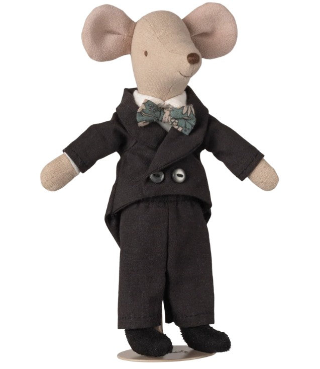 Maileg's Wedding Mice Couple In Box, Mum And Dad features a charming mouse in a black suit and bow tie, smiling sweetly—perfect for wedding decor or as a delightful gift from Maileg.