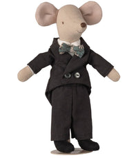 Maileg's Wedding Mice Couple In Box, Mum And Dad features a charming mouse in a black suit and bow tie, smiling sweetly—perfect for wedding decor or as a delightful gift from Maileg.