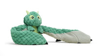 The Hugimals World Hugarounds Zephyr the Dragon is a weighted plush shaped like a green and gray dragon with a textured body, yellow eyes, and two small horns, providing gentle sensory support on a white background.