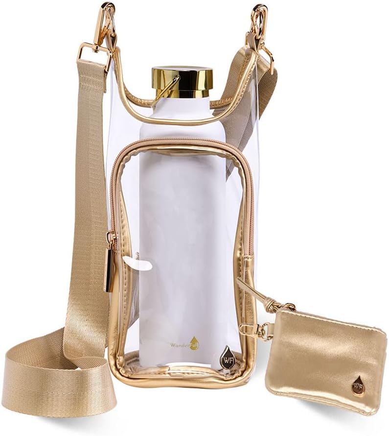 The Wander Full Brand Clear Stadium HydroBag Gold is a clear crossbody bag with gold trim, featuring a dedicated water bottle compartment that holds the included gold water bottle and an attached small gold pouch. All components feature matching gold zippers and hardware. Presented on a white background, this stylish bag is perfect for events as a fashionable clear stadium bag.