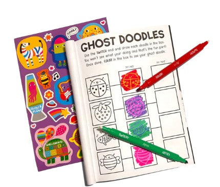 A sheet of colorful stickers and an open Switch-eroo!: Color-Changing Activity Kit by Ooly with two colored pens—perfect art materials for kids. The page features doodle squares, some colored in red and purple, along with instructions at the top, making it ideal for creative activities for kids.