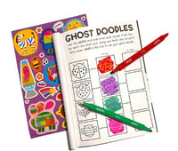 A sheet of colorful stickers and an open Switch-eroo!: Color-Changing Activity Kit by Ooly with two colored pens—perfect art materials for kids. The page features doodle squares, some colored in red and purple, along with instructions at the top, making it ideal for creative activities for kids.