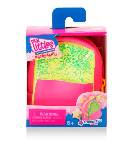 The Toysmith Moose Toys - Real Littles Charms Backpacks comes in pink and yellow packaging with a blue hook. This mini backpack collectible includes “4 Surprises Inside”—miniature items perfect for charms backpacks fans. The box also displays a choking hazard warning for children under 3 years.