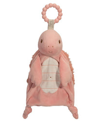 The Douglas Sailor Pink Turtle Teether is a soft, pink plush turtle with a smiling face, cream shell, and silicone teething ring, designed for infants or young children.