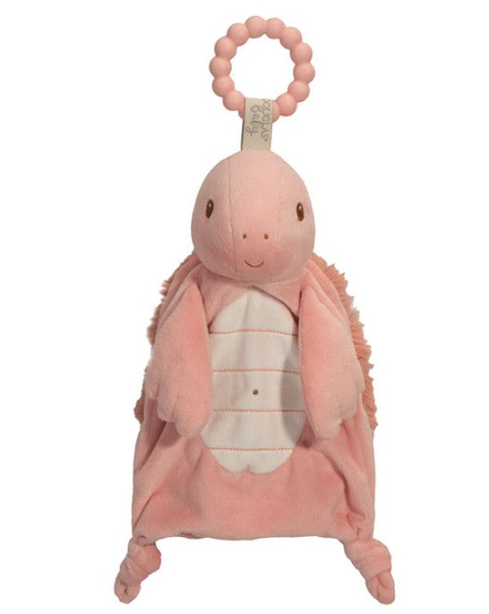 The Douglas Sailor Pink Turtle Teether is a soft, pink plush turtle with a smiling face, cream shell, and silicone teething ring, designed for infants or young children.