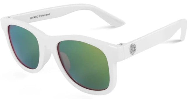 Baby Sunnies White Kids Polarized Sunglasses offer UV400 protection and are designed for children ages 3-8. These sunglasses feature a white frame with green-mirrored, polarized lenses, thick arms adorned with a small circular logo on the upper arm, and an interior labeled "UV400 Polarized" for extra safety.