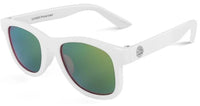Baby Sunnies White Kids Polarized Sunglasses offer UV400 protection and are designed for children ages 3-8. These sunglasses feature a white frame with green-mirrored, polarized lenses, thick arms adorned with a small circular logo on the upper arm, and an interior labeled "UV400 Polarized" for extra safety.