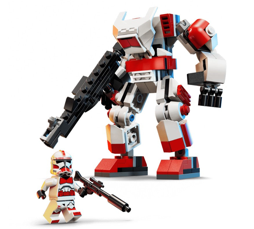 The LEGO 75448 Clone Shock Trooper™ Mech by LEGO features a red and white armored mech holding a large black weapon, standing behind a matching LEGO Star Wars minifigure equipped with a blaster—both inspired by futuristic Clone Wars soldiers.