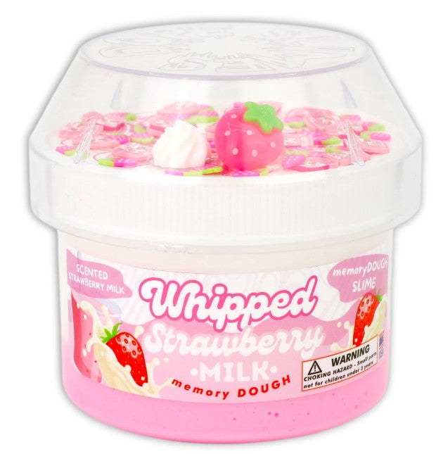 The Dope Slime Whipped Strawberry Milk by Dope Slime is a container filled with fluffy pink memory dough slime, colorful sprinkles, and topped with a strawberry and whipped cream charm. Perfect for sensory play, its label showcases strawberries alongside a warning sign.