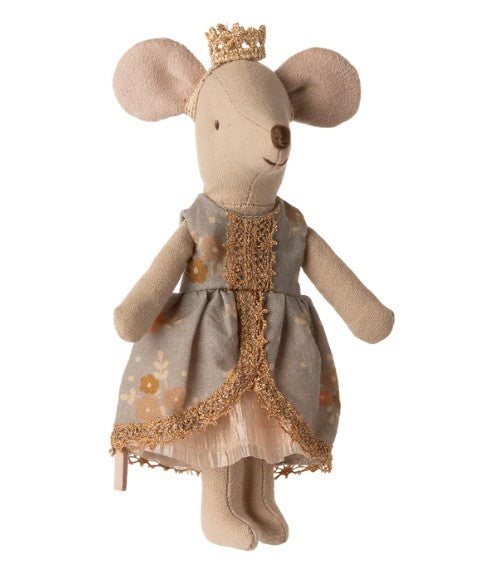 The Maileg Princess dress, Big Sister Mouse by Maileg features a plush mouse wearing a gold crown and a gray princess dress adorned with floral patterns and gold trim, standing upright with arms slightly out—perfect for imaginative pretend play.