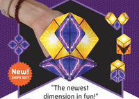 A hand holds the Duomoto - Deluge, a colorful geometric kinetic fidget toy by Fun in Motion, featuring yellow, purple, and blue lightning patterns. Smaller images of this sensory toy showcase its various shapes. Text reads: The newest dimension in fun!.