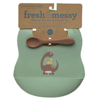 Ore Fresh & Messy Silicone Bib + Spoon Set Dinosaur