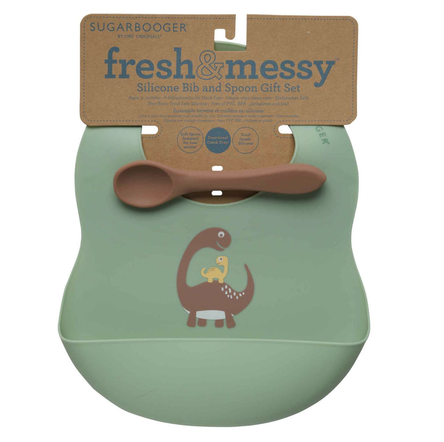 Ore Fresh & Messy Silicone Bib + Spoon Set Dinosaur